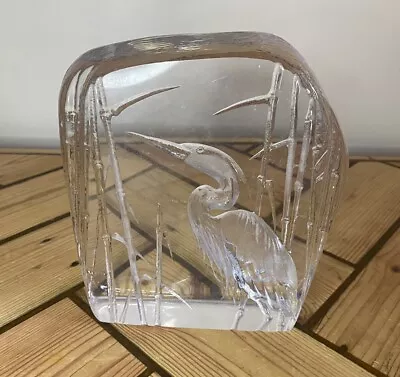 Buy Large Mats Jonasson Signed Heron Art Glass Paperweight- Sculpted/Etched- Swedish • 34.99£