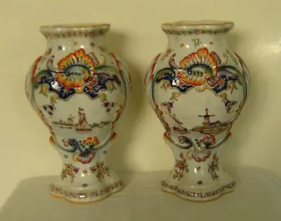 Buy GOOD PAIR Of ANTIQUE HAND PAINTED DELFT VASES; WINDMILLS & BOATS SCENES • 126.95£