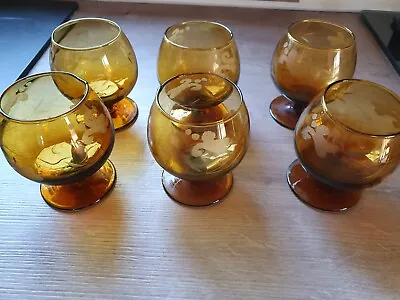 Buy Set Of 6 Vintage Brown Brandy Glasses With White Decoration 9cm Tall • 10£
