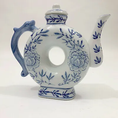 Buy Asian Blue & White Donut Shape Porcelain Teapot Floral With Dragon Handle • 16.52£