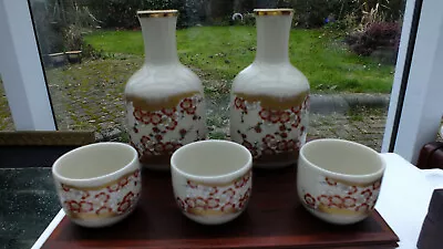 Buy Antique Japanese Kutani Crackle Glaze Sake Bottle Vase Wine Cups Set • 29£