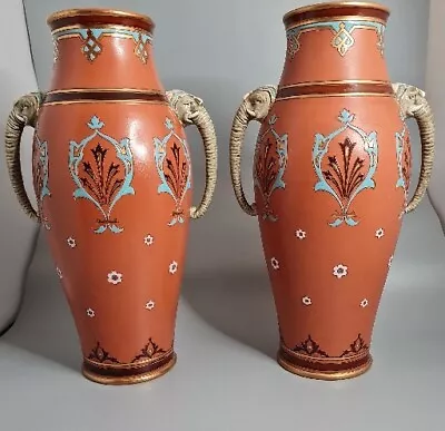 Buy Antique Villeroy & Boch German Mettlach Pottery Enamel Vases Elephant Handles  • 250£