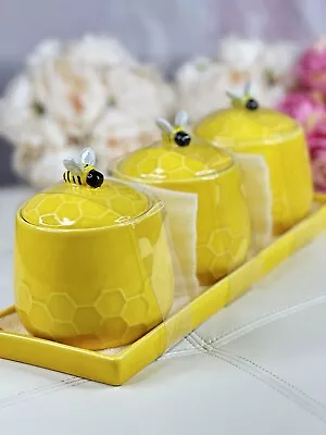 Buy Set Of 4 Yellow Honeycomb Bee Jars W/Lid Bee Handle 5” On Ceramic Tray 12,5x4,5” • 75.59£