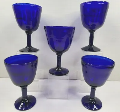 Buy 5 Mexican Hand Blown Cobalt Blue Water Goblets Set 7  Wine Barware Art Glass Lot • 57.46£