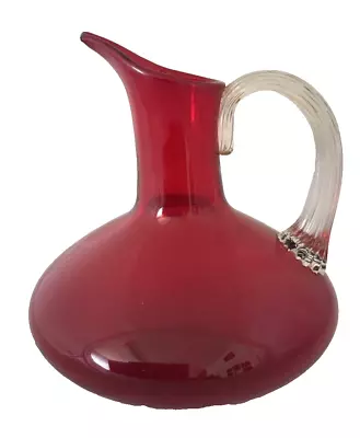 Buy Jug Whitefriars Ruby Red Glass Bulb Shape With Clear Ribbed Handle Free Postage • 15.95£