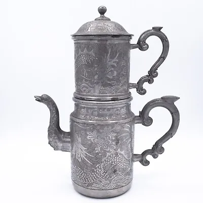 Buy Chinese Antique Or Vintage Swatow KUT SHOWN Engraved Pewter Teapot With Strainer • 11£