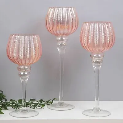 Buy Set Of 3 Pearlised Pink Glass Goblet Style Candle Tealight Holders Glasses • 24.99£