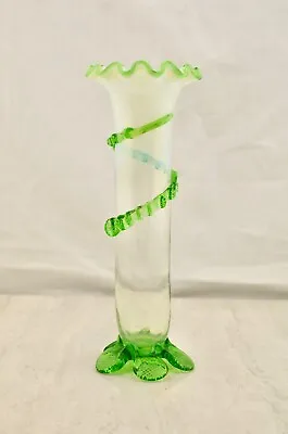 Buy Antique Victorian Large Uranium Green Glass Ribboned & Frilled Stem Vase • 142.26£