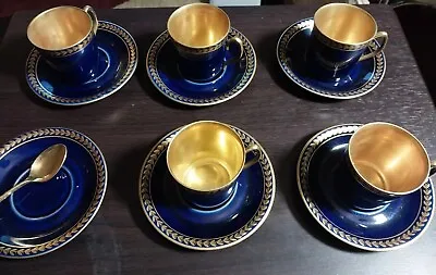 Buy Porcelaine, Limoges Laurel Gold Encrusted  Cobalt Blue Demitasse Cup Saucer Sets • 335.29£
