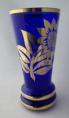 Buy Large Bohemian Blue Cobalt Glass Vase With Gilt Foliage Decoration • 15£