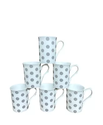 Buy 6 Grey Polka Dot Mugs Set White Fine Bone China Tea Mug Coffee Cup Set Home • 23.99£