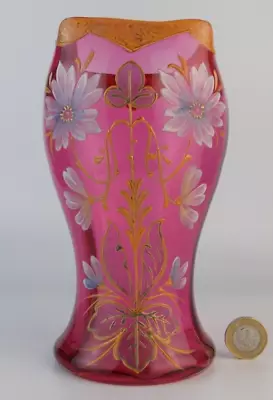 Buy Bohemian Secessionist Cranberry Enamal Painted Art Glass Vase • 70£