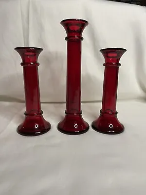 Buy 3 Vintage Ruby Red Glass Candlestick Holders Two 7” And One 9” • 18.96£