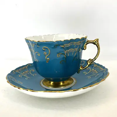 Buy Aynsley Bone China England Turquoise & Gold Scalloped Teacup Tea Cup & Saucer • 39.50£