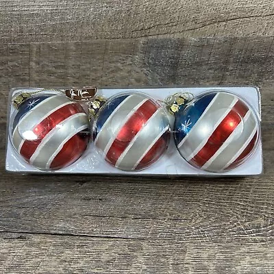 Buy Patriotic Glass Bulb Ornaments Stars Stripes Set Of 3 Christmas Red Blue Silver • 23.23£