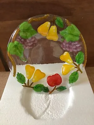 Buy Large Textured Glass Fruit Dish Painted Pear Grape & Apple Pattern • 16.99£