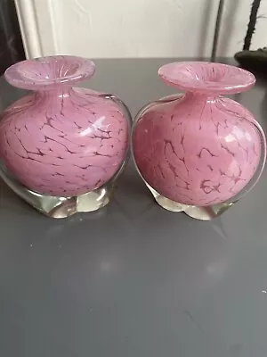 Buy 1970's Mdina Side Stripe Glass Vases- Pink - Mottled Pattern Hand Blown Glass • 42£