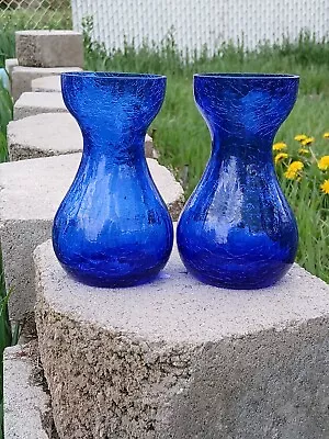 Buy Pair Of Vintage Blue Cobalt Crackle Glass Vases Mid-Century Modern Style • 24.03£