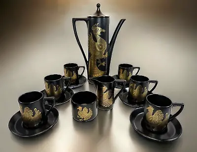 Buy Vintage Portmeirion Phoenix Black & Gold Coffee Set 15 Piece Set ~ VGC • 57.75£