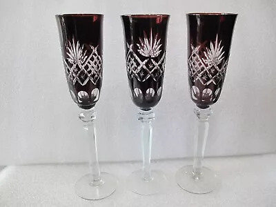 Buy 3 CHAMPAGNE Flutes BOHEMIAN CZECH CRYSTAL Ruby Red CUT TO CLEAR GLASSES GOBLETS • 94.86£