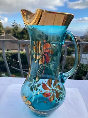 Buy Mid Century Vintage Tall Hand  Blown Turquoise & Gold Jug  Flowers Gold Gilt • 45£