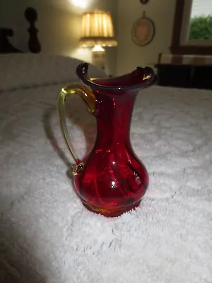 Buy Vintage CRANBERRY GLASS PITCHER W/Clear Handle - 5  Tall • 13.28£