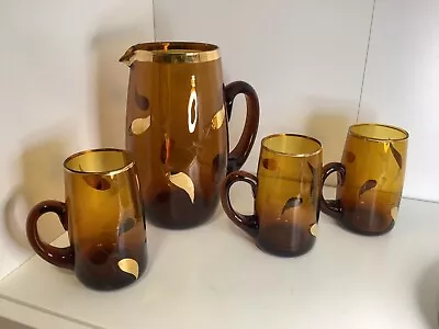 Buy Vintage. Amber Glass Large Pitcher Jug With Etched And Gold Design + 3 Tankards. • 18£