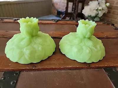 Buy Pair Gorgeous Vintage FENTON Lime Satin Glass WATER LILY Console CANDLE HOLDERS! • 53.08£