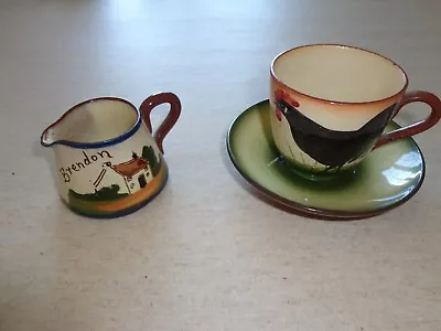 Buy Torquay Pottery Tea Cup Motto Ware Cockerel Design With Saucer And Cream Jug • 6£