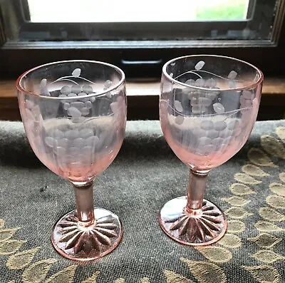 Buy Set Of 2 Vintage Pink Depression Cordial Aperitif Glasses Etched Grape Pattern • 13.28£