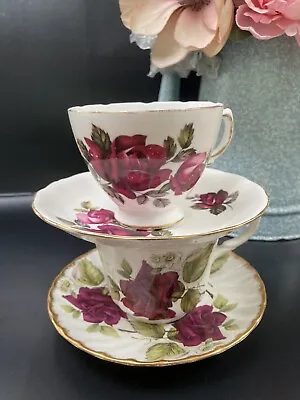 Buy 2 Vintage Crimson Rose Floral China CUPS & SAUCERS Queen Anne & Royal Victorian • 7£