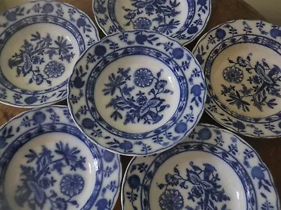 Buy 6 Antique S. Hancock & Sons  Dresden  Flow Blue Onion 9  Rimmed Bowls • 80.32£