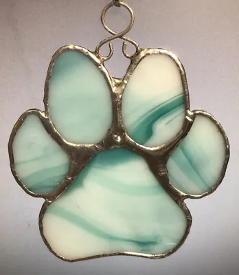Buy Stained Glass Turquoise/White Paw Print, 4x4 Inches Hanging, Indoor /Outdoor  • 15£