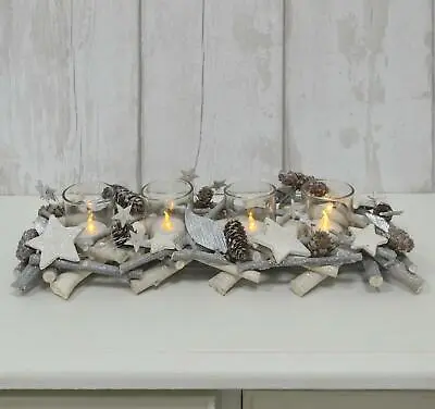 Buy Grey Christmas Candle Holder Wood Twigs Silver Stars 4 Glass Tealight Jars 40cm • 20.99£