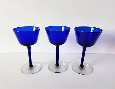 Buy Vintage Cobalt Blue Wine Glasses Hand Blown Crystal Royal Blue Stemware Set Of 3 • 21.25£