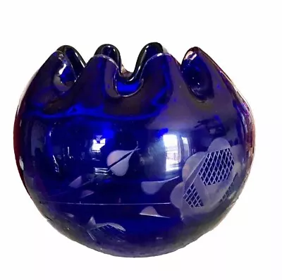Buy Vintage Bohemian Glass - Cobalt Cut To Clear - Roses Pattern - Rose Bowl Vase • 33.19£