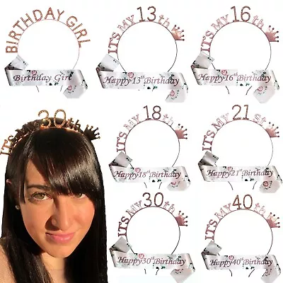 Buy Rose Gold Birthday Tiara Rhinestone Headband Crown Sash Party Girl Women Gift  • 4.99£