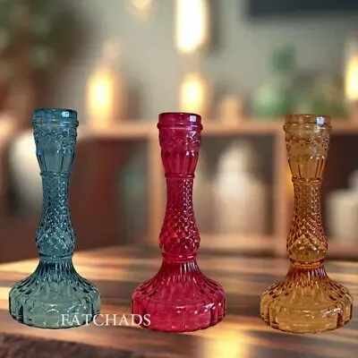 Buy Set Of 3 Coloured Jewel Glass Candlestick Holders Church Candle Table Decoration • 22.95£