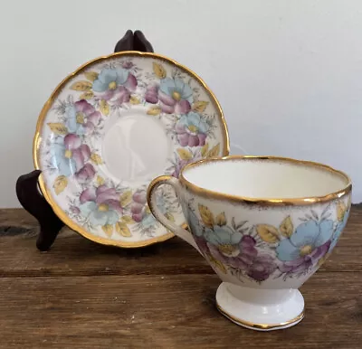 Buy EB Foley Bone China Floral Blue Purple Flowers Gold Trim Footed Cup & Saucer Set • 20.17£