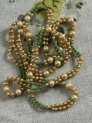 Buy VINTAGE 1950s Champagne Faux Pearl And Green Glass Beaded Long Necklace • 15£