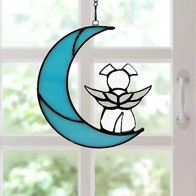 Buy Stained Glass Window Hanging Panel, Dog On The Moon Pendant Wall Art Sculpture • 8.28£