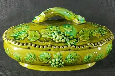Buy 1970's Ceramic Green Pedestal Bowl Lid Embossed Grape Clusters Leaves Greenish  • 28.63£