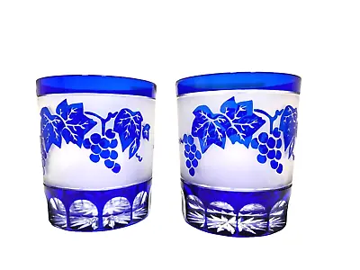 Buy Set Of 2 Cobalt Blue Cut To Clear Crystal Whisky Tumblers Grape Bunches Pattern • 86.61£