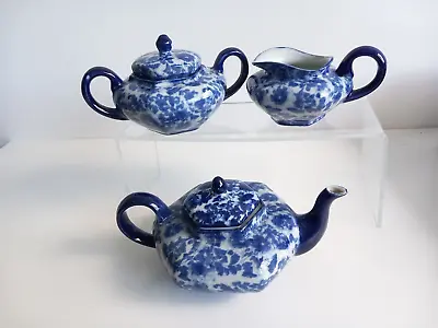 Buy Rare Victoria Ware Hexagonal Ironstone Teapot Sugar Bowl & Milk  Jug Blue Floral • 18£
