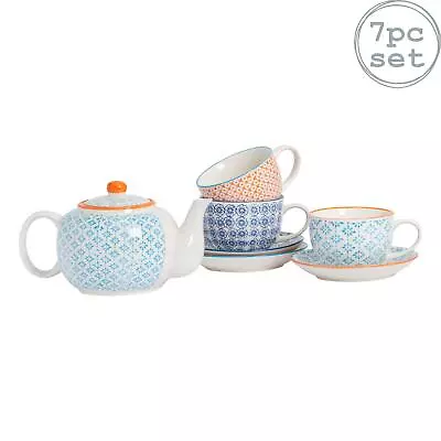 Buy 7 Piece Hand-Printed Teapot Cups & Saucers Set Porcelain Tea Pot Crockery • 20£