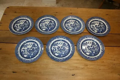 Buy 7 Churchill Blue & White Chinese Willow Ceramic 10.25” Dinner Plates • 20£
