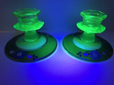 Buy 2 VTG Green Depression Glass Candle Holders Hand Painted Flowers On Black-Glows • 18.24£