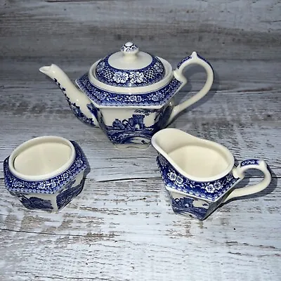 Buy James Sadler Afternoon Tea Brigadoon Small 6 InchTeapot Milk & Sugar Blue White  • 18£