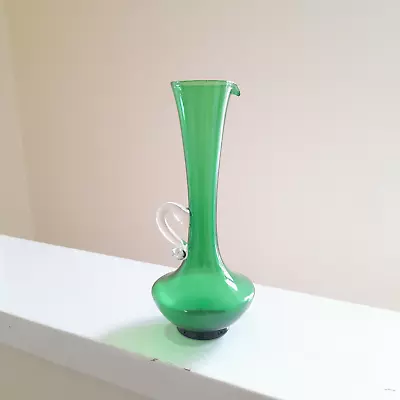 Buy 60's Vintage Long Neck Green Vase W/ Clear Handle - Hand Blown MCM Fluted Jug • 15£
