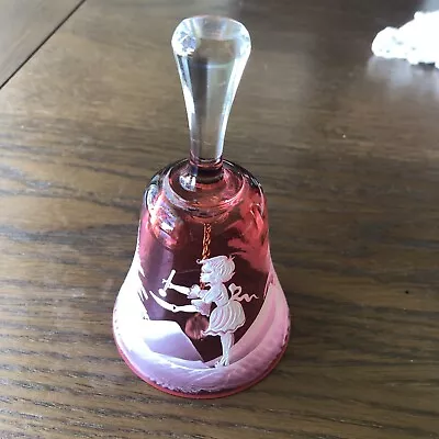 Buy Vtg MARY GREGORY Glass Bell Cranberry.  Girl. Mountains Trees • 20£